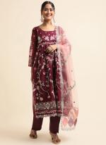 Organza Wine Traditional Wear Zari Work Straight Suit